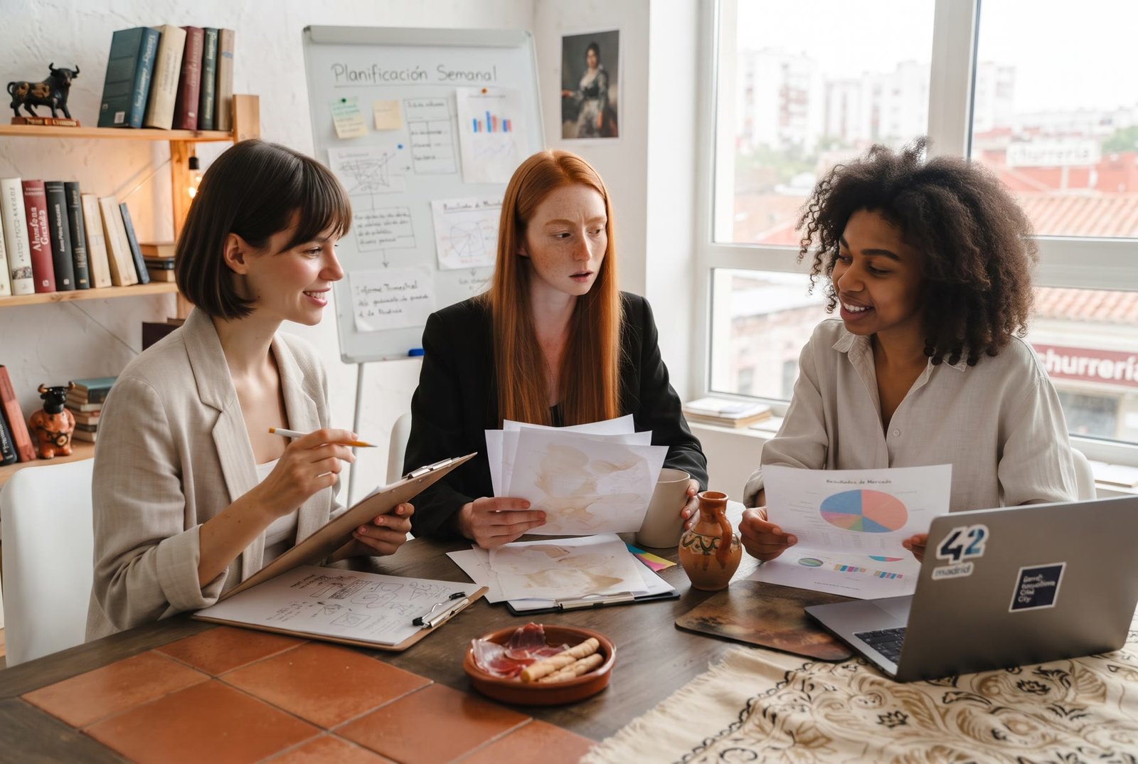 Tres profesionales revisan informes y gráficos en una mesa de trabajo luminosa
